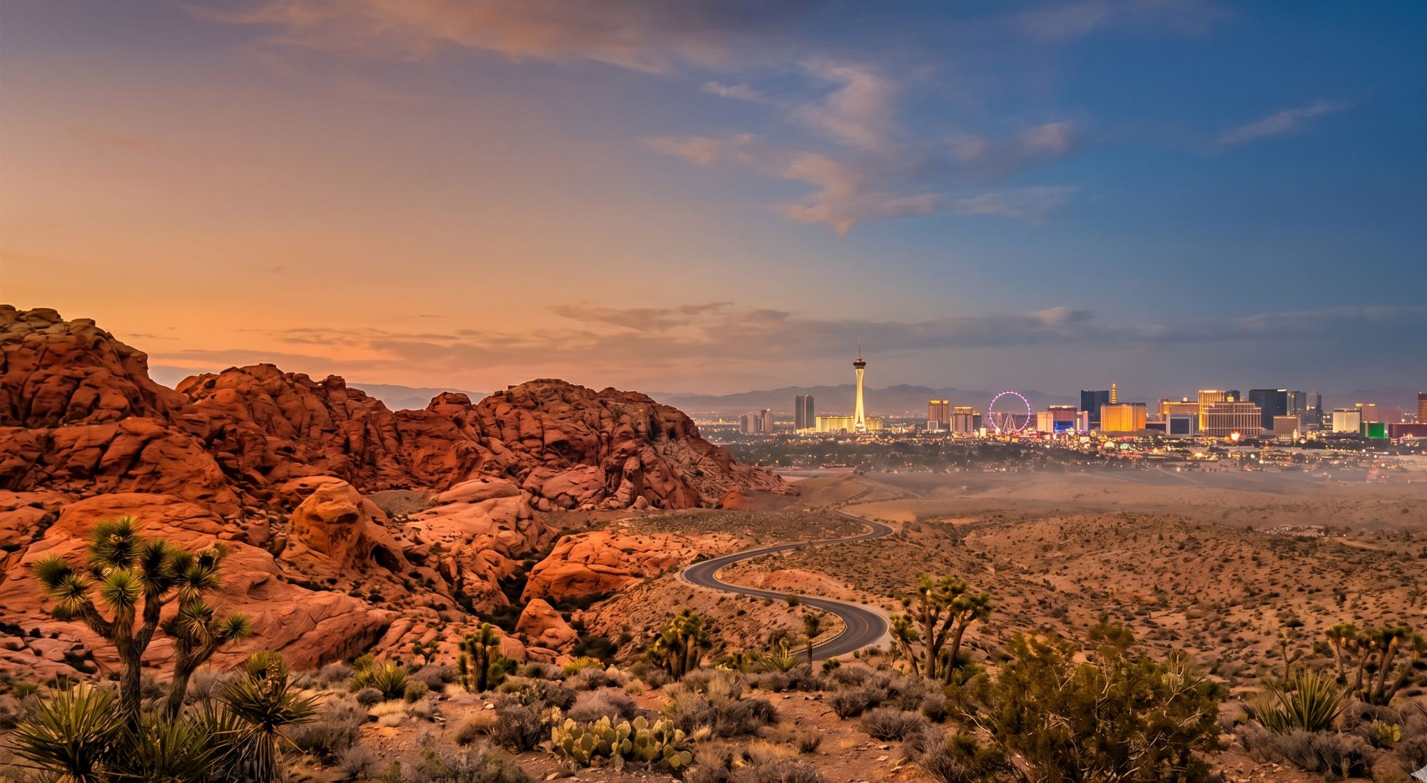 The Las Vegas Strip at dusk, seen across the red rock and desert scrub west of the city